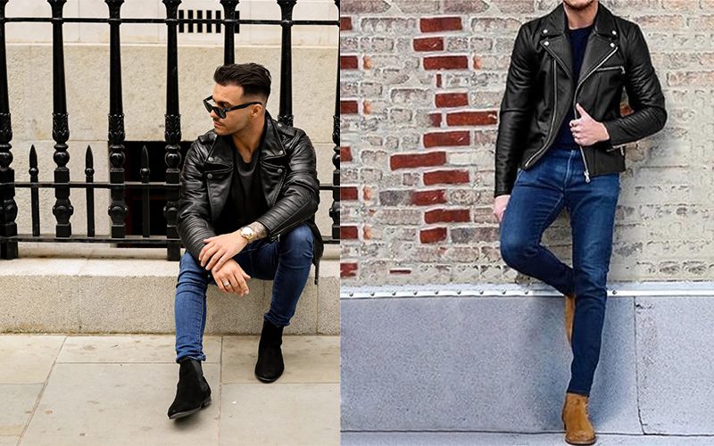 دو مرد خوش‌پوش در یک قاب تقسیم‌شده به تصویر کشیده شده‌اند. در سمت چپ، مردی احتمالاً اروپایی در اوایل دههٔ سی‌سالگی خود نشسته است. او یک کت چرم مشکی، تیشرت مشکی، شلوار جین آبی، چکمهٔ ساق‌کوتاه مشکی، عینک آفتابی و یک ساعت مچی پوشیده است. موهایش به‌طور مرتب مدل داده شده‌اند. او روی یک لبهٔ سنگی در مقابل یک نردهٔ آهنی مشکی نشسته است و به سمت راست خود نگاه می‌کند. مرد دیگر که او نیز احتمالاً اروپایی است و در اوایل سی‌سالگی به‌نظر می‌رسد، در سمت راست به یک دیوار آجری تکیه داده است. او نیز کت چرم مشکی، شلوار جین نیلی، پلیور نیلی و چکمهٔ ساق‌کوتاه قهوه‌ای به تن دارد. نورپرداری طبیعی به‌نظر می‌رسد و تمرکز اصلی بر روی مردان و پوشش آنان است. سبک کلی تصویر، بیانگر زیبایی‌شناسی مدرن و شهری با تأکید بر مد است. زاویهٔ دید تصویر، کمی از پایین به بالا است. این تصویر مربوط به استایل پاییزی مردانه است.